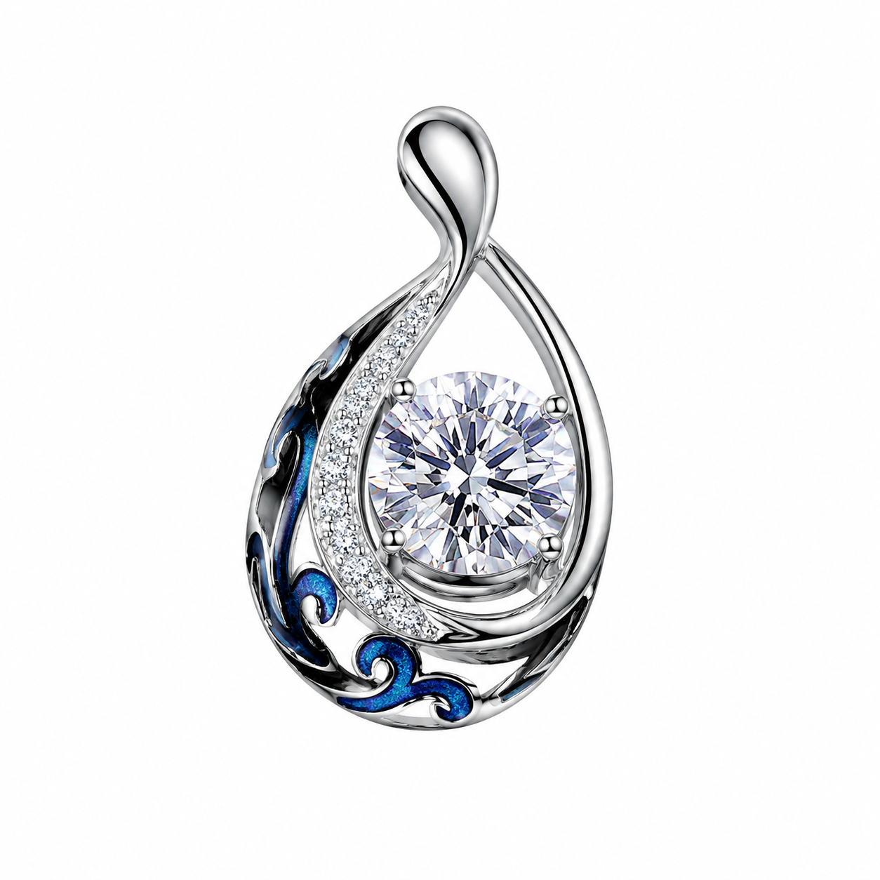 Sterling Silver Teardrop Pendant Necklace with Lab-Grown Diamond & Blue Enamel – Elegant Women’s Jewelry Gift  4 Carats