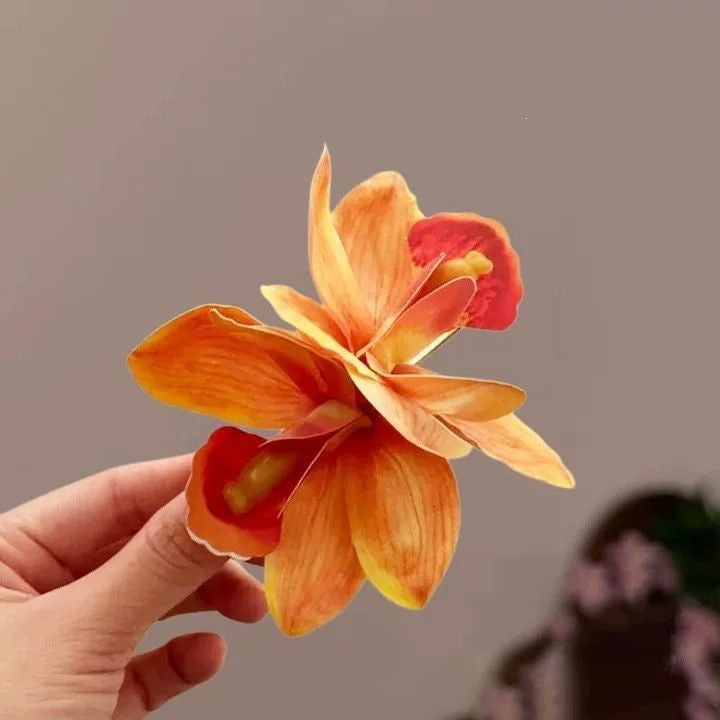 Orange Yellow Orchid Flower Hair Accessory – 5.5cm Artificial Floral Hair Clip Embellishment
