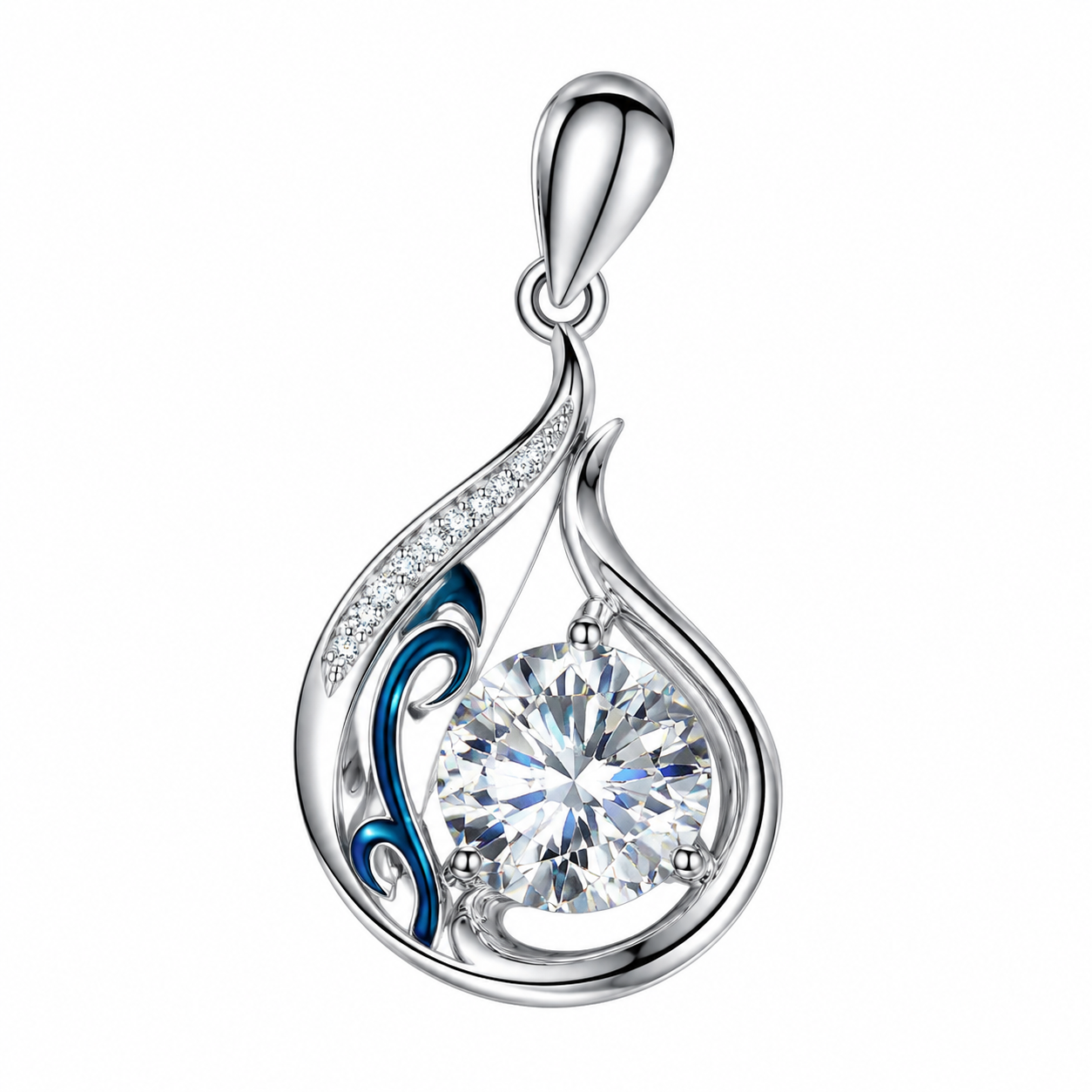 Elegant Silver Teardrop Pendant Necklace with Lab-Created Diamond and Blue Enamel Accent  3.59 Carats