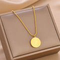 Gold coin charm pendant necklace with beaded chain, round medallion pendant
