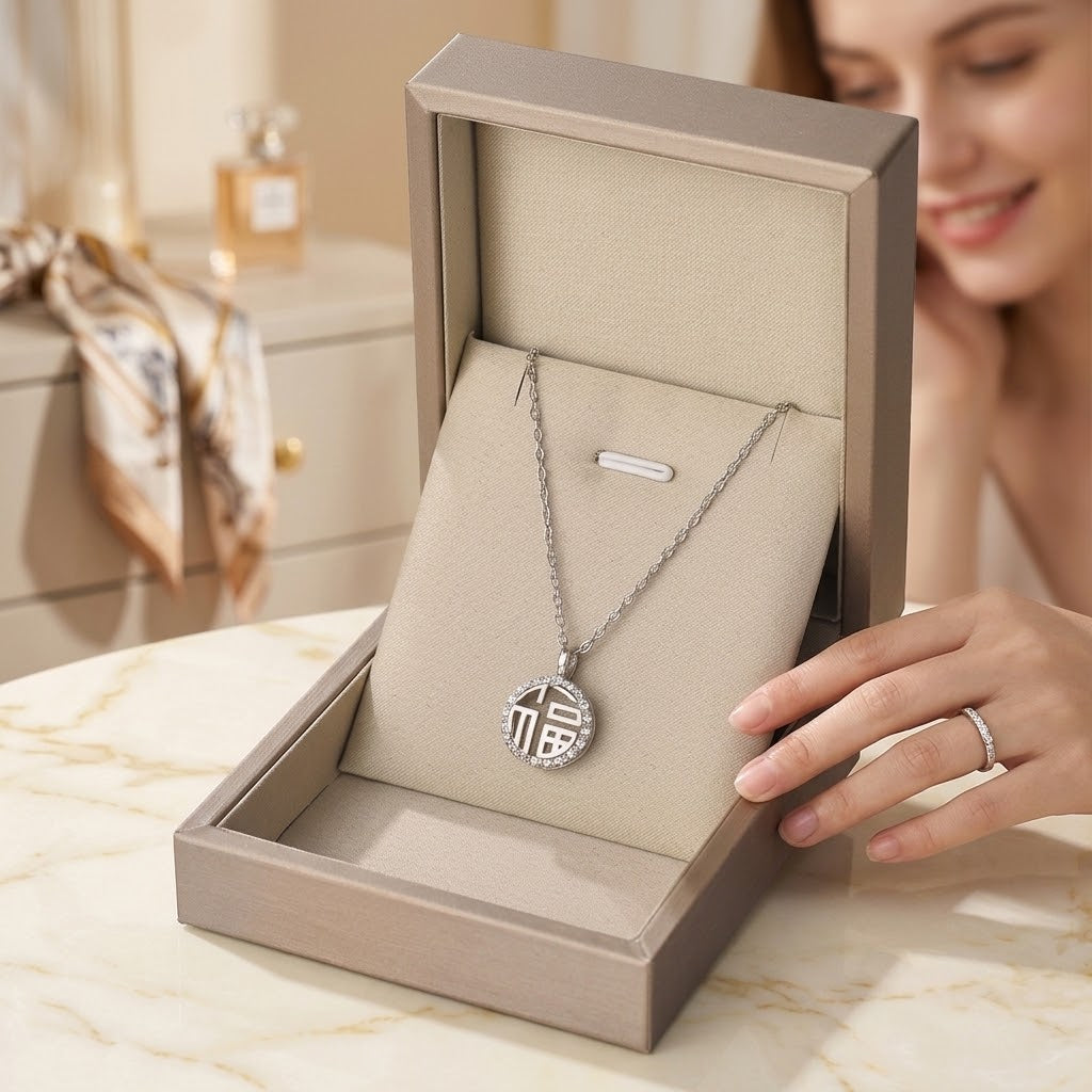 Silver round charm necklace, circular monogram pendant on chain in open gift box.