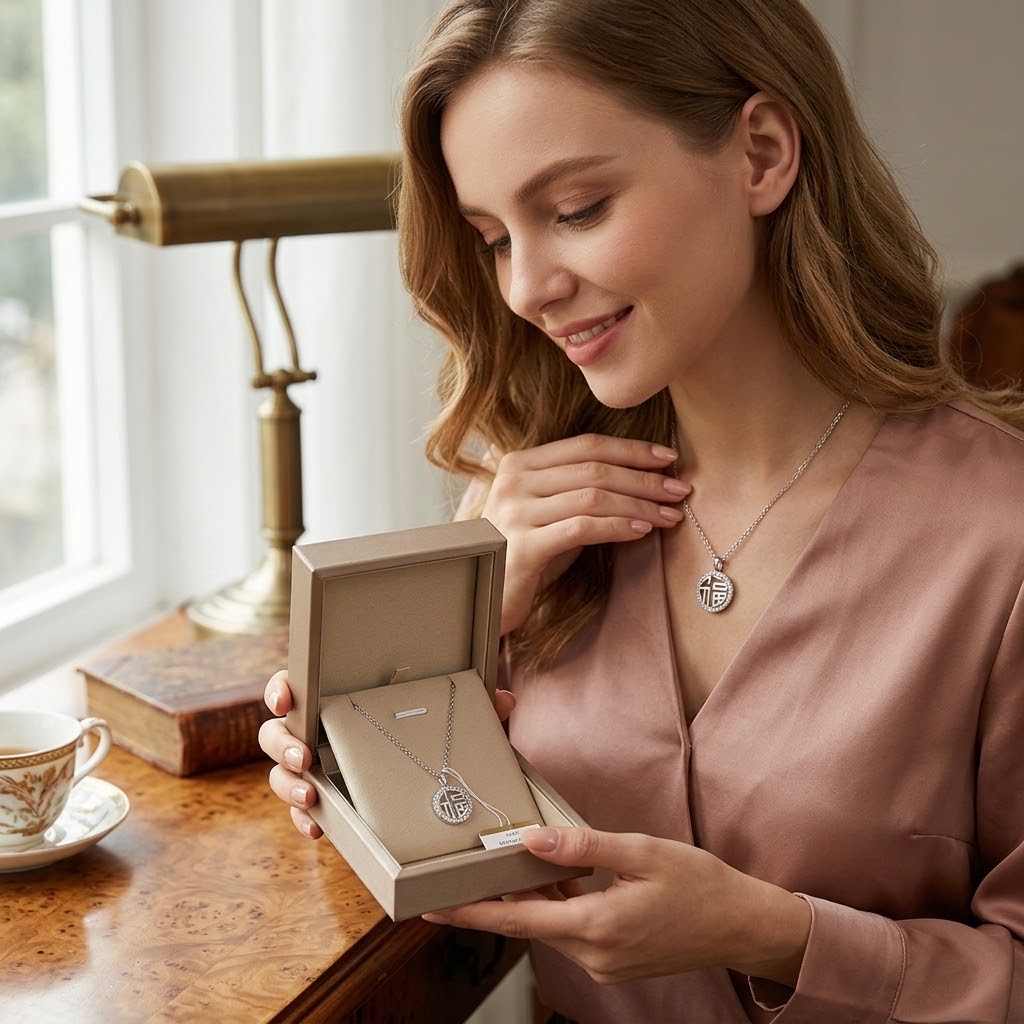 Silver round charm necklace on model, monogram pendant necklace with gift box.