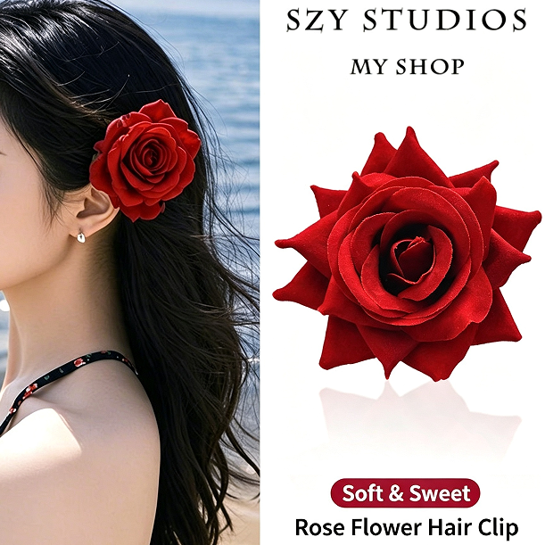 Red Rose Flower Hair Clip – Romantic Floral Hair Accessory for Women & Girls