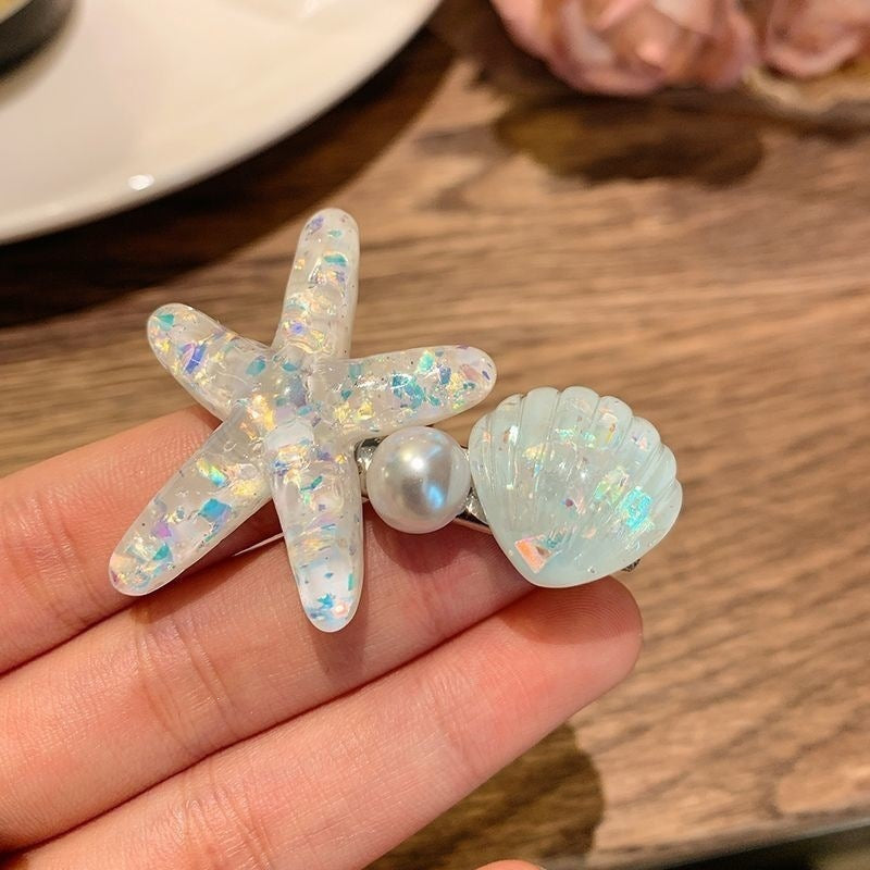 Ivory Starfish Hair Clip 5.5cm – Coastal Pearl Hair Barrette with Blue Crystal, Beach Hair Accessory for Women & Girls