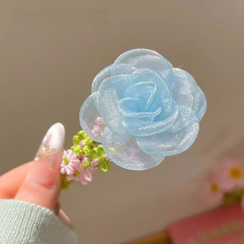 Green Organza Flower Hair Clip – Sheer Mesh Floral Hair Barrette with Embroidered Flower Details, Romantic Hair Accessory for Women & Girls