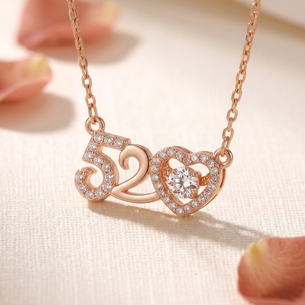 Rose gold-tone '520' heart charm necklace with sparkling stones