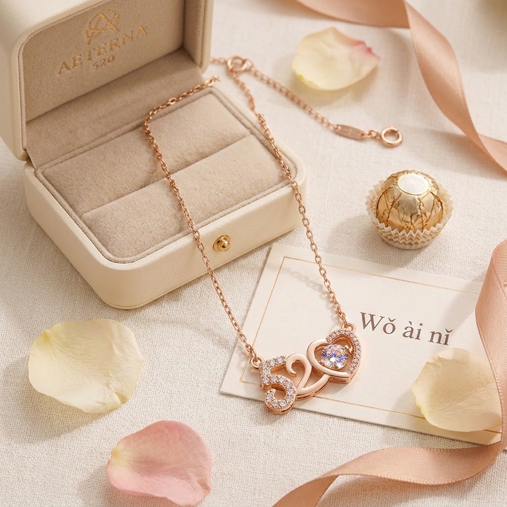 Rose gold-tone '520' heart pendant necklace with sparkling crystal stones