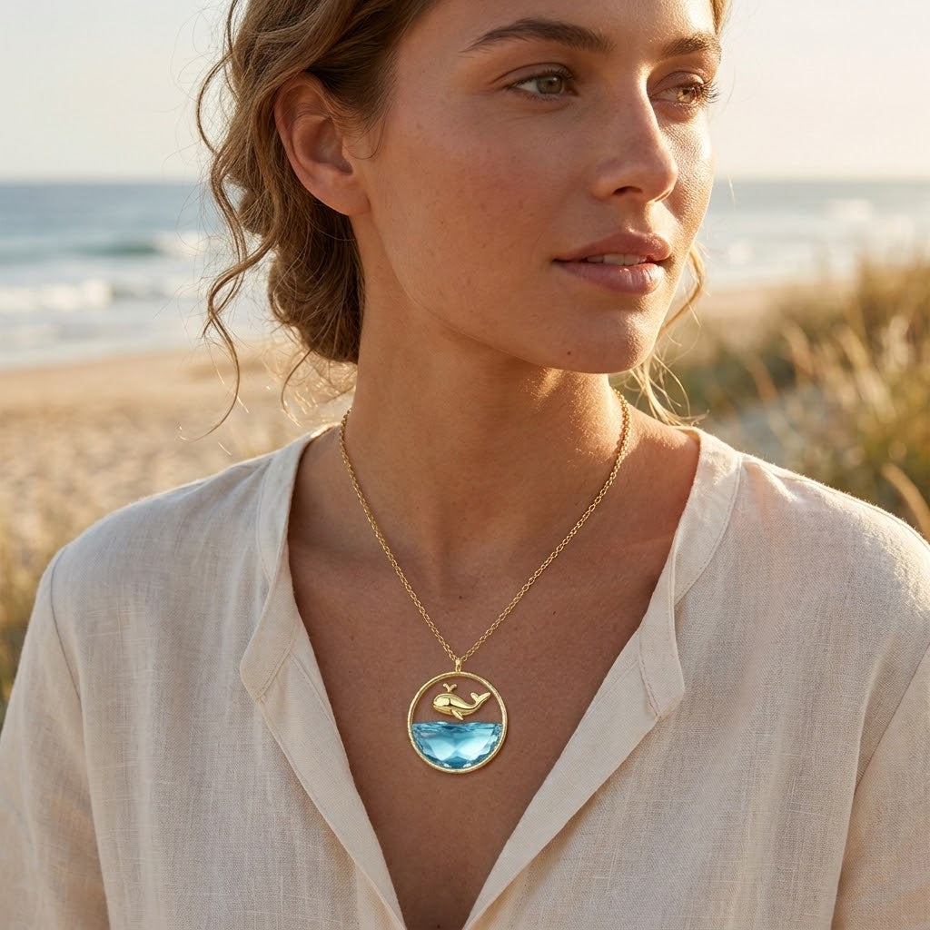 Gold mini shark ocean pendant necklace on model, circular blue pendant with shark