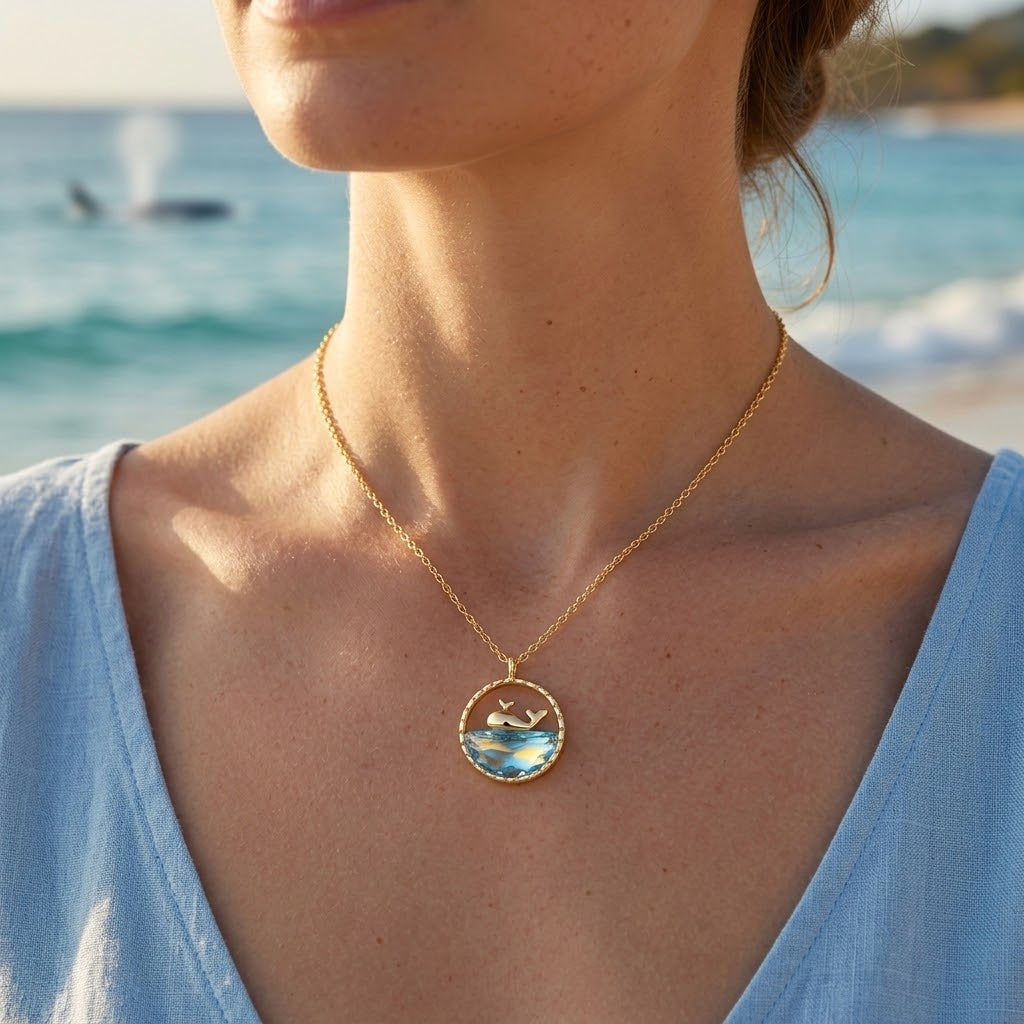 Gold mini shark ocean pendant necklace on model, small round blue shark pendant