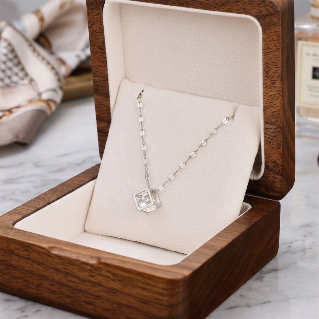 Silver square charm necklace with clear cubic pendant on fine linked chain