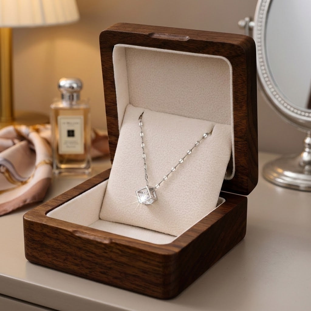 Silver square charm necklace with clear open cubic pendant on articulated chain