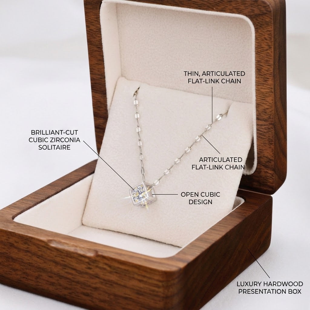 Silver square charm necklace with open cubic design and articulated flat-link chain