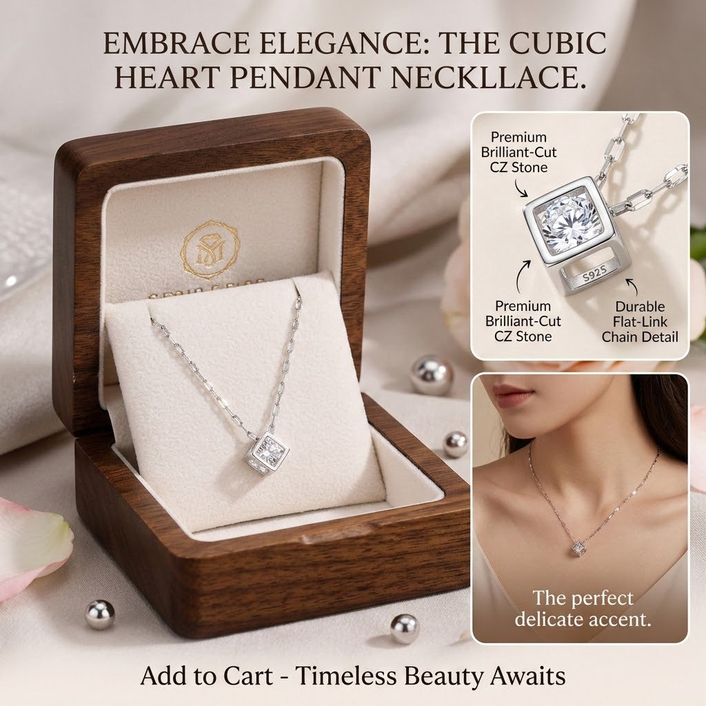 Rose gold square pendant charm necklace with cubic heart detail and link chain