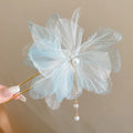 Blue Flower Hair Stick with Pearl Tassel – Handmade Floral Hair Pin for Women, Elegant Chiffon Flower Hair Accessory for Updos