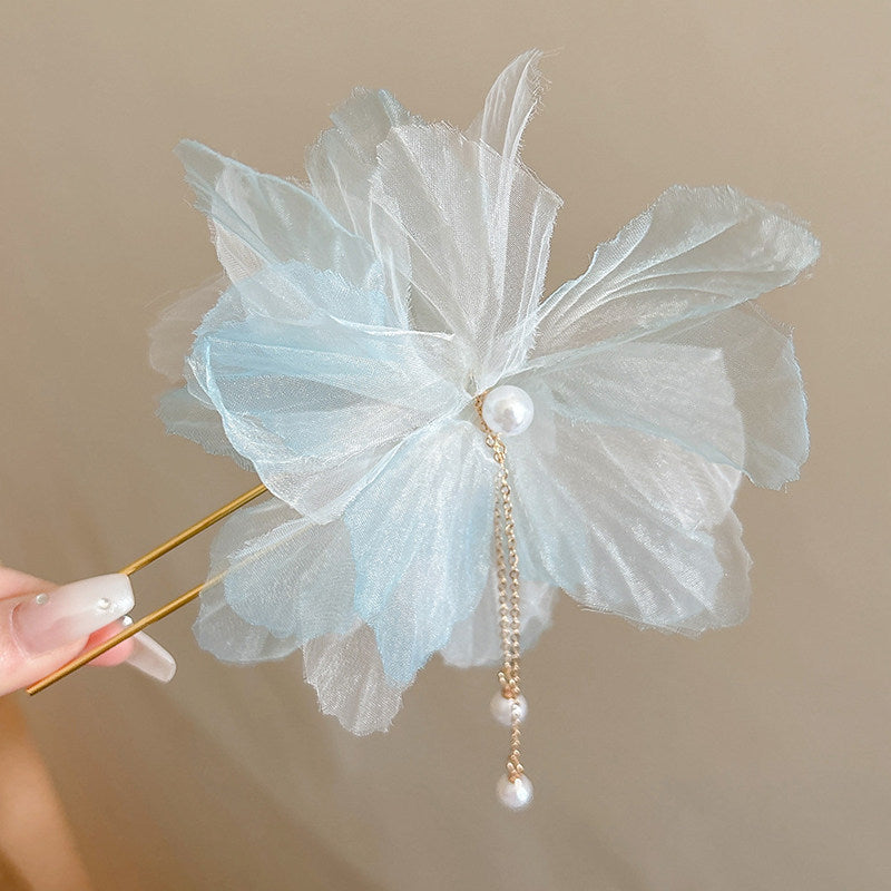 Blue Flower Hair Stick with Pearl Tassel – Handmade Floral Hair Pin for Women, Elegant Chiffon Flower Hair Accessory for Updos