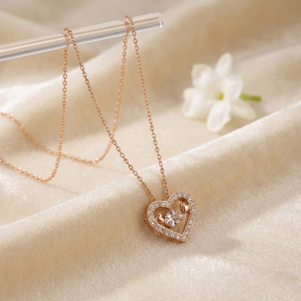 Rose gold mini heart necklace with glitter stone border heart pendant