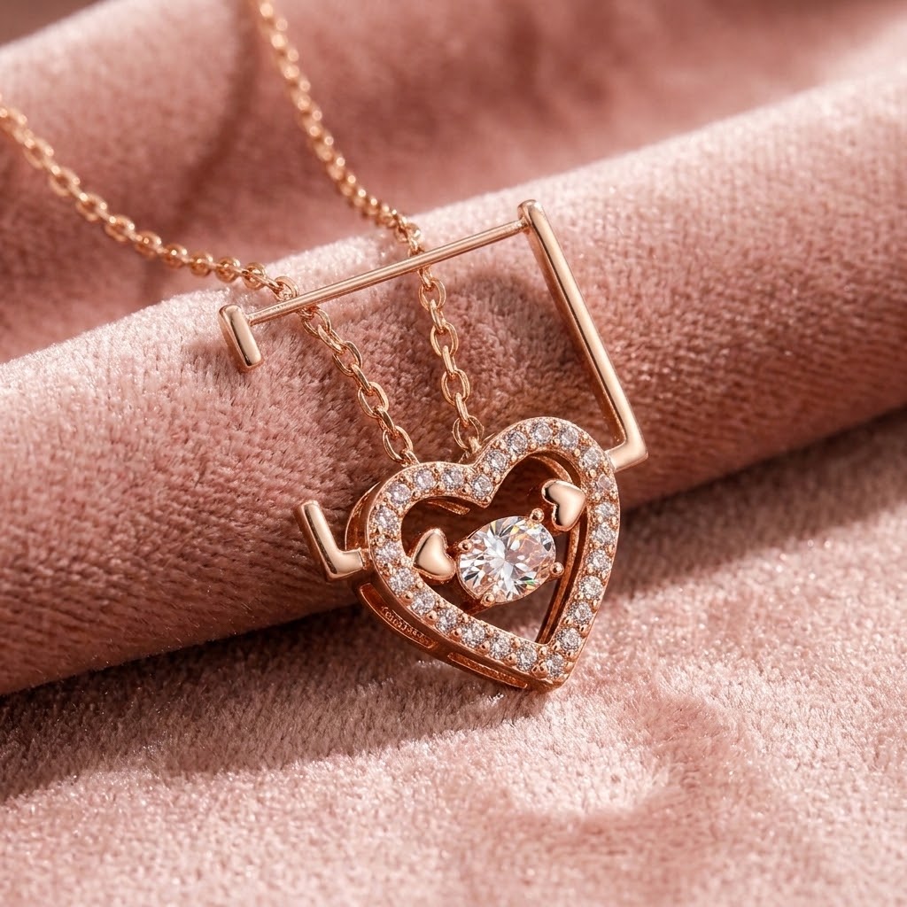 Rose gold heart pendant necklace with open frame design and sparkling stones