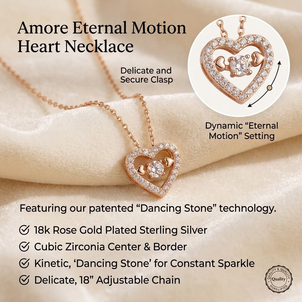 Rose gold motion heart necklace with heart pendant on a delicate adjustable chain