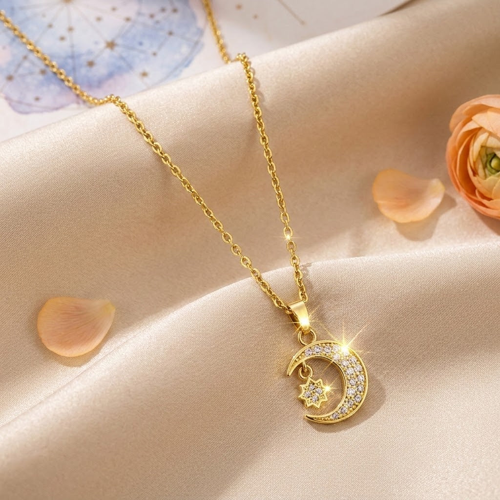 Gold crescent moon and star charm necklace with chain