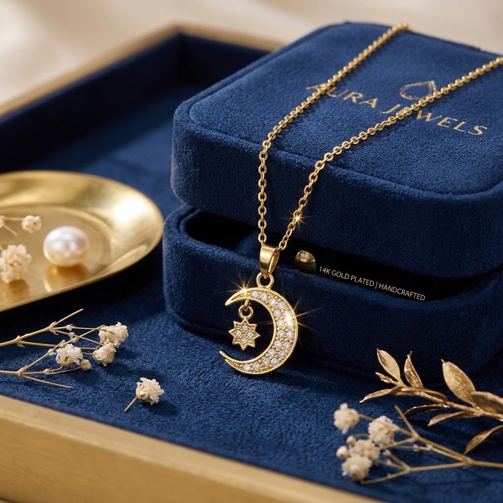 Gold crescent moon and star charm necklace with crystal accents
