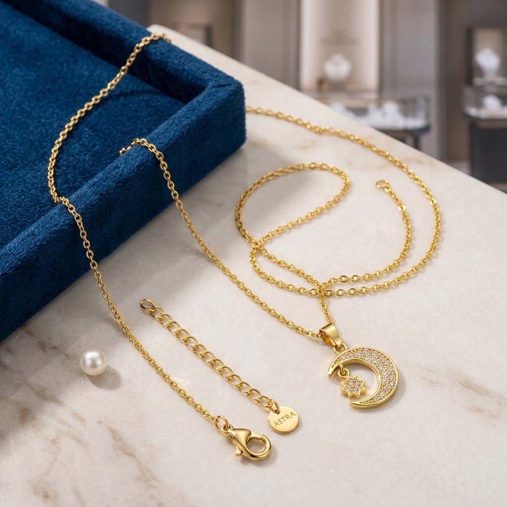Gold-tone crescent moon star charm necklace with adjustable chain