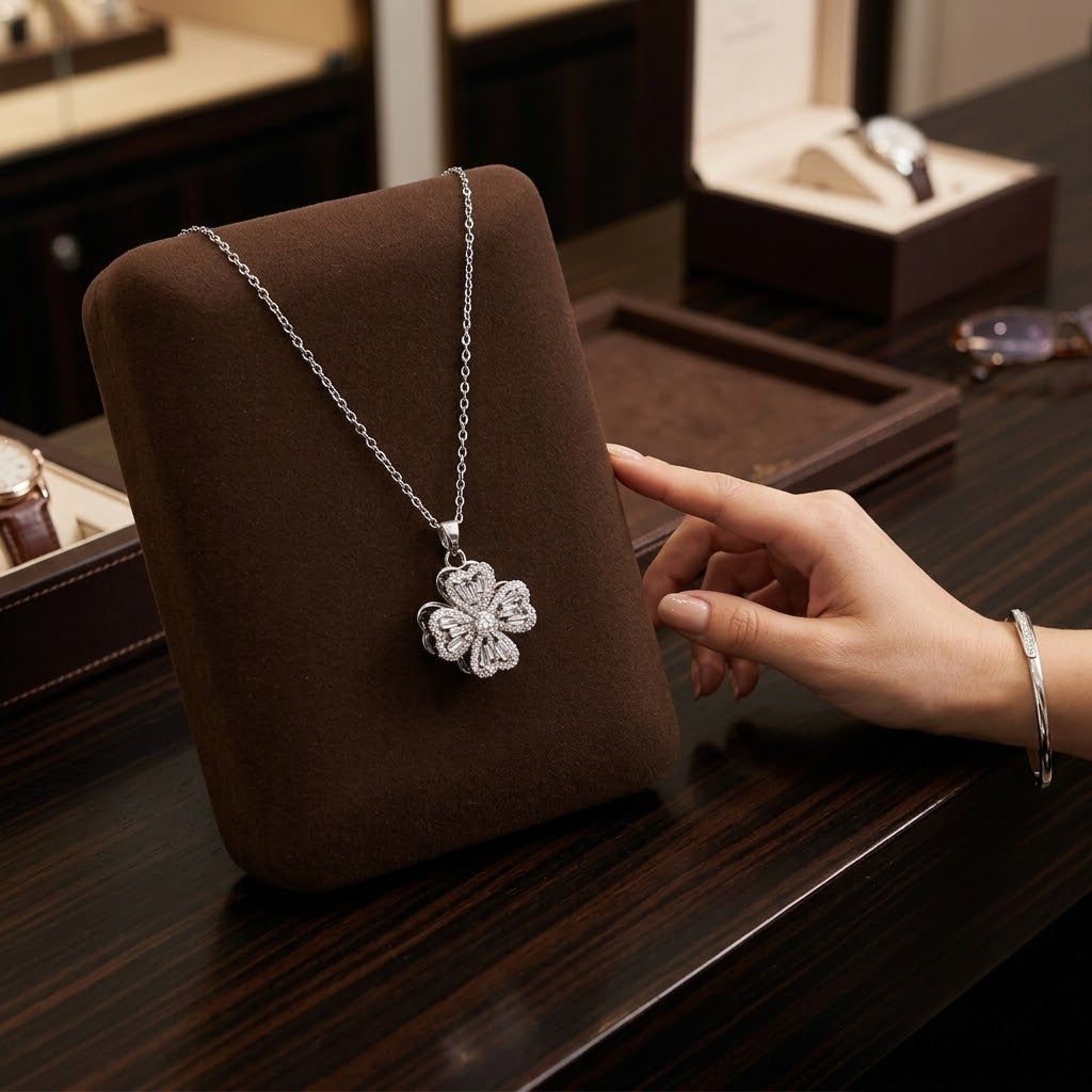 Silver-tone flower petal pendant necklace with centered floral charm on chain