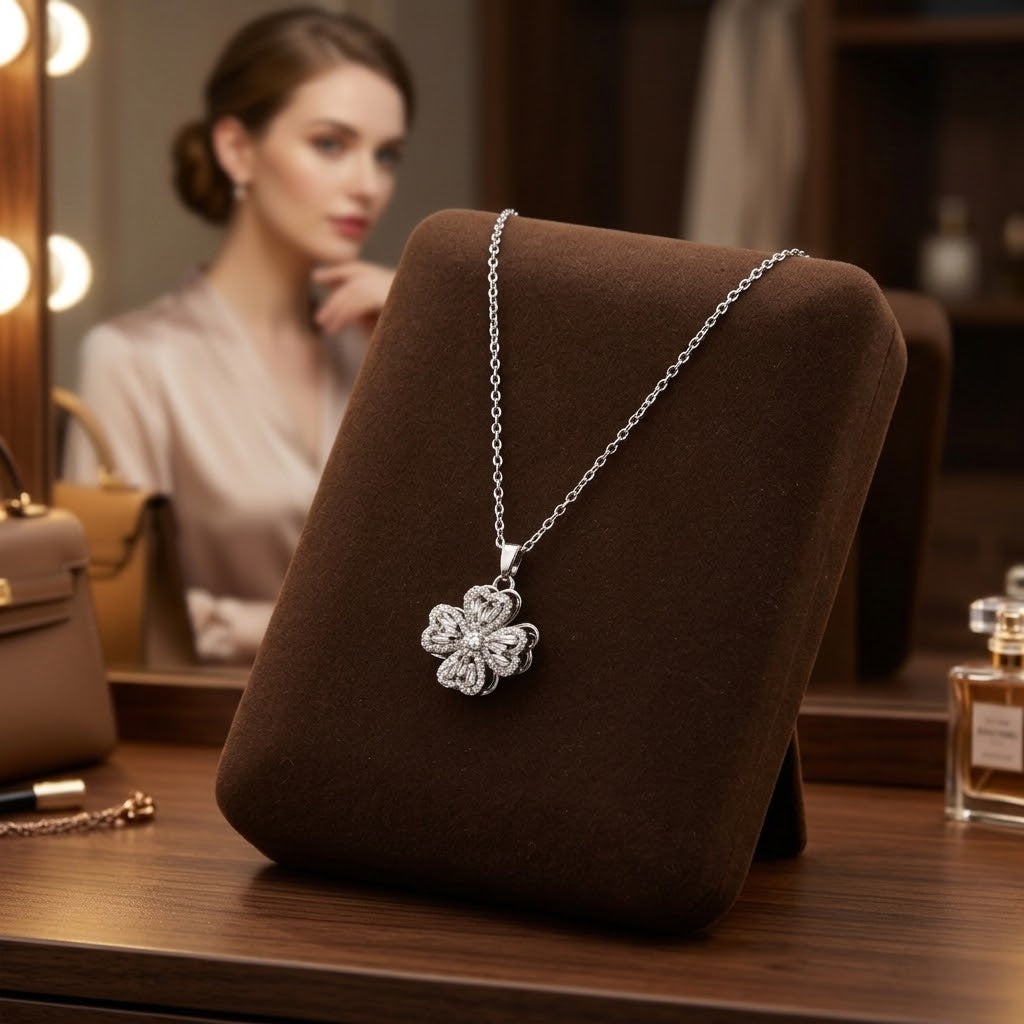Silver-tone petal floral pendant necklace on chain, flower charm at center