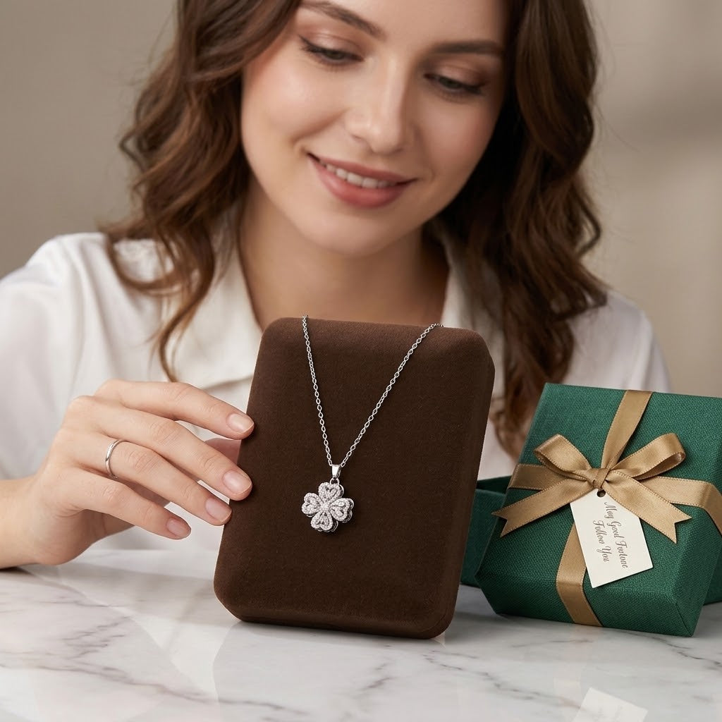 Silver-tone flower pendant necklace with petal charm worn on neckline