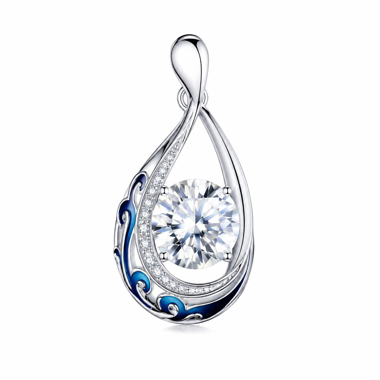 Elegant Cultivated Diamond Teardrop Pendant with Blue Enamel Accents – Luxury Jewelry Necklace  3.56 Carats