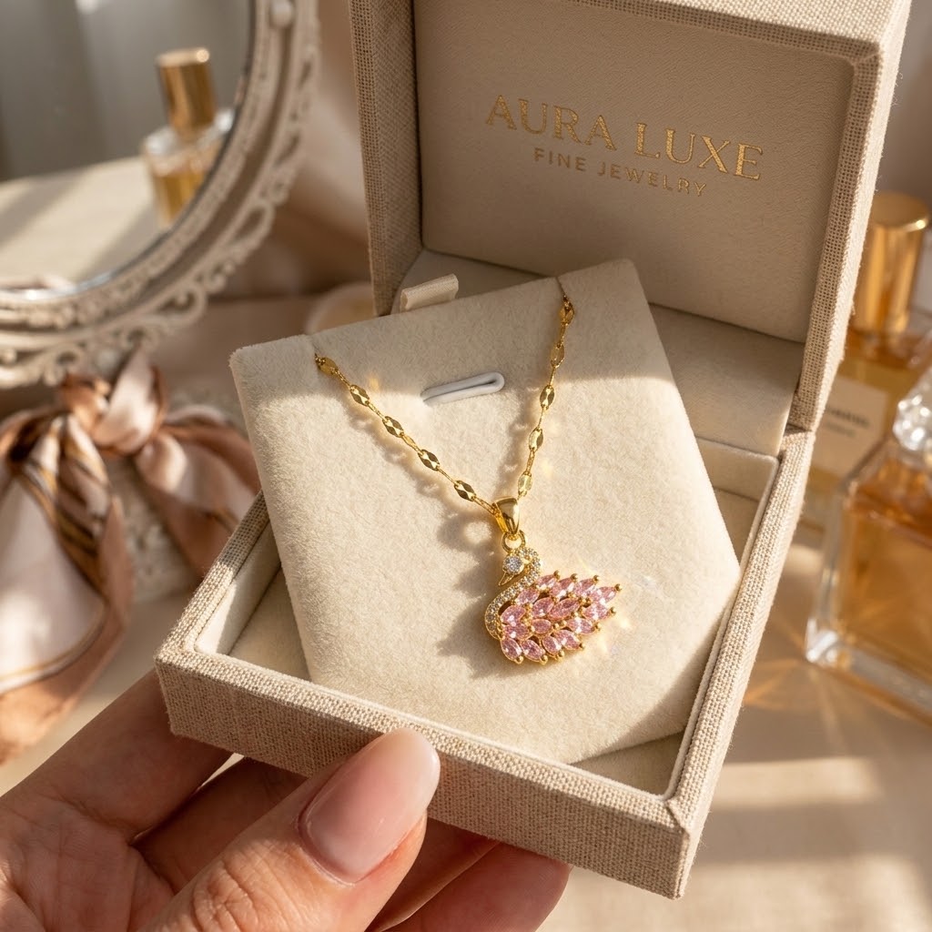 Gold-tone wing pendant necklace with pink gemstone stones and clear accents