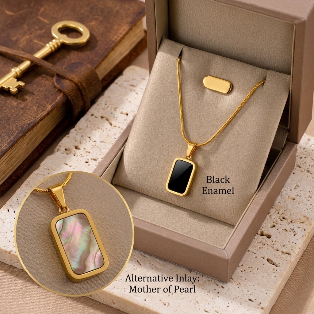 Gold square charm necklace with black enamel pendant and matching iridescent mother-of-pearl charm