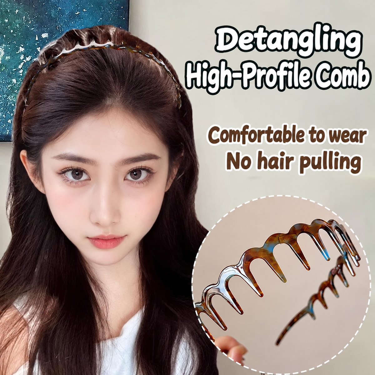Tortoiseshell wave hair comb headband with high-profile teeth for detangling near hairline