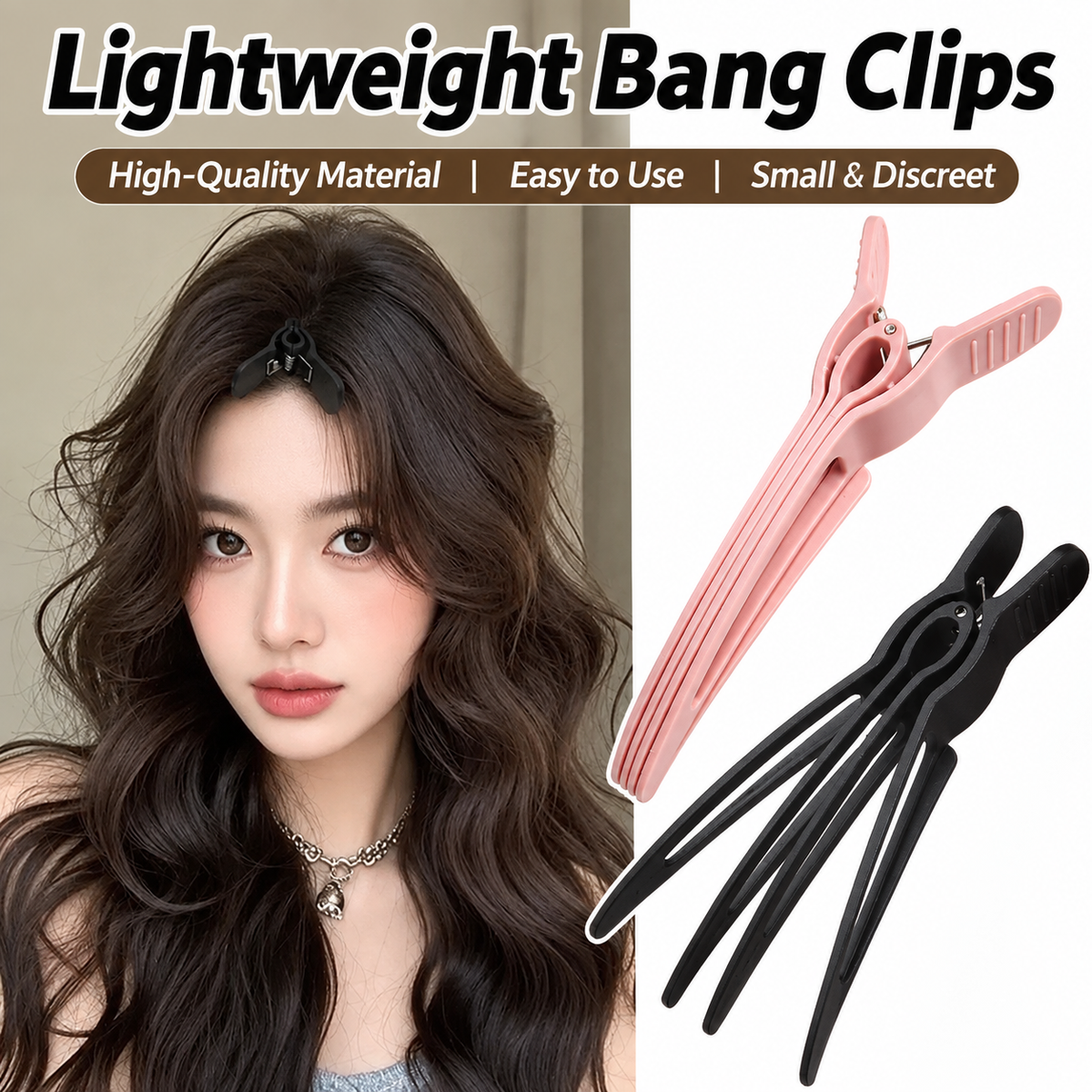 Pastel pink and black long duckbill hair sectioning clips, multiple prongs