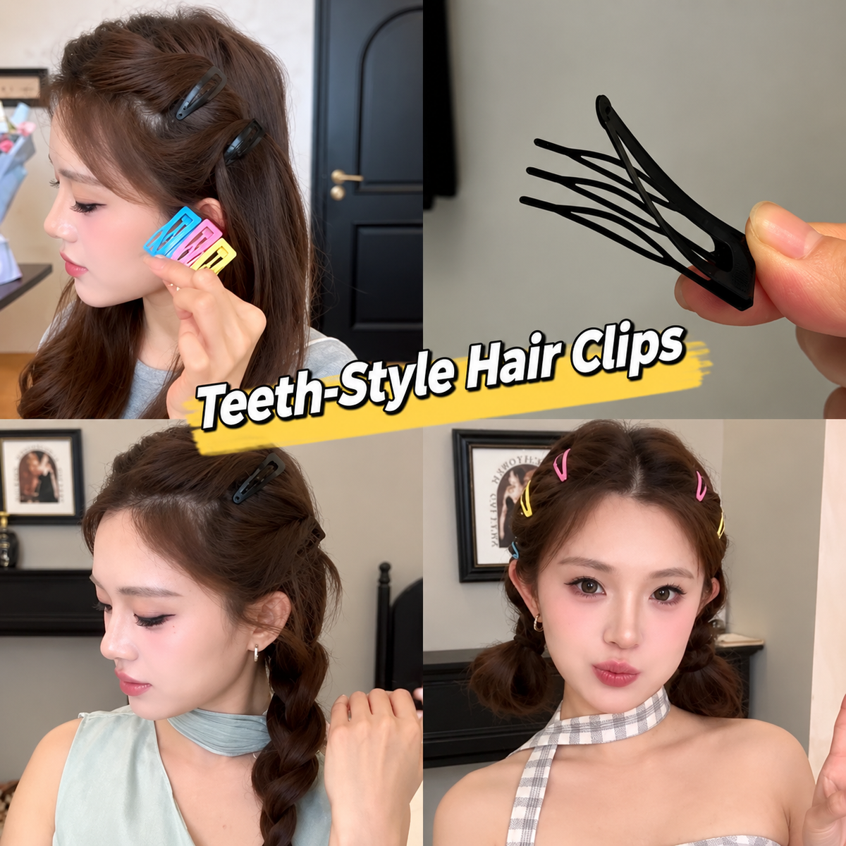 Black metal snap barrette hair clip held near brown hair, teeth-style design