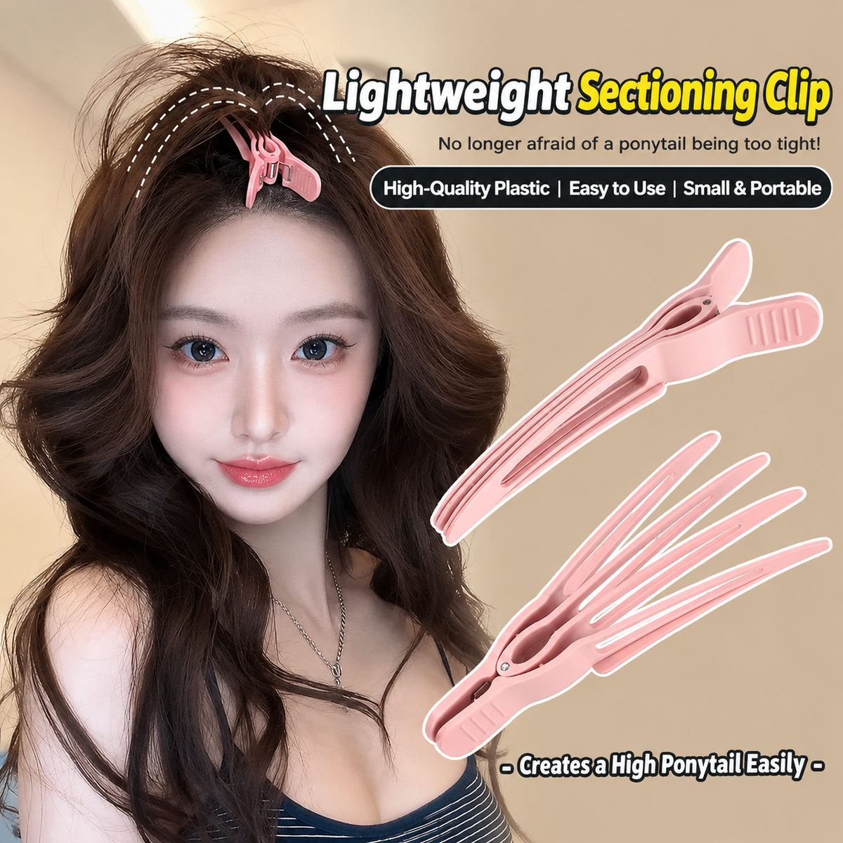 Pastel pink long duckbill hair sectioning clip with prongs, in styled hair