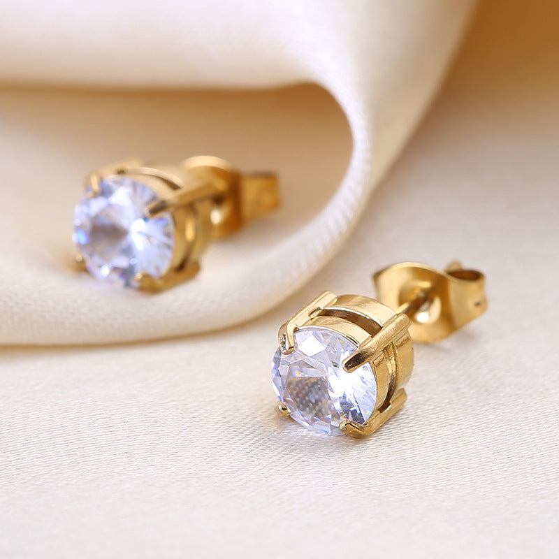 Luxury Double Layer CZ Stud Earrings – Stainless Steel Four-Prong Cubic Zirconia Earrings for Women, Elegant Jewelry Gift