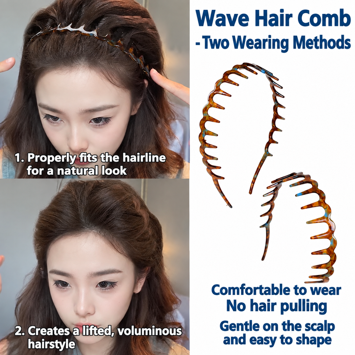 Wave hair comb headband in amber tortoiseshell with arched teeth for styling