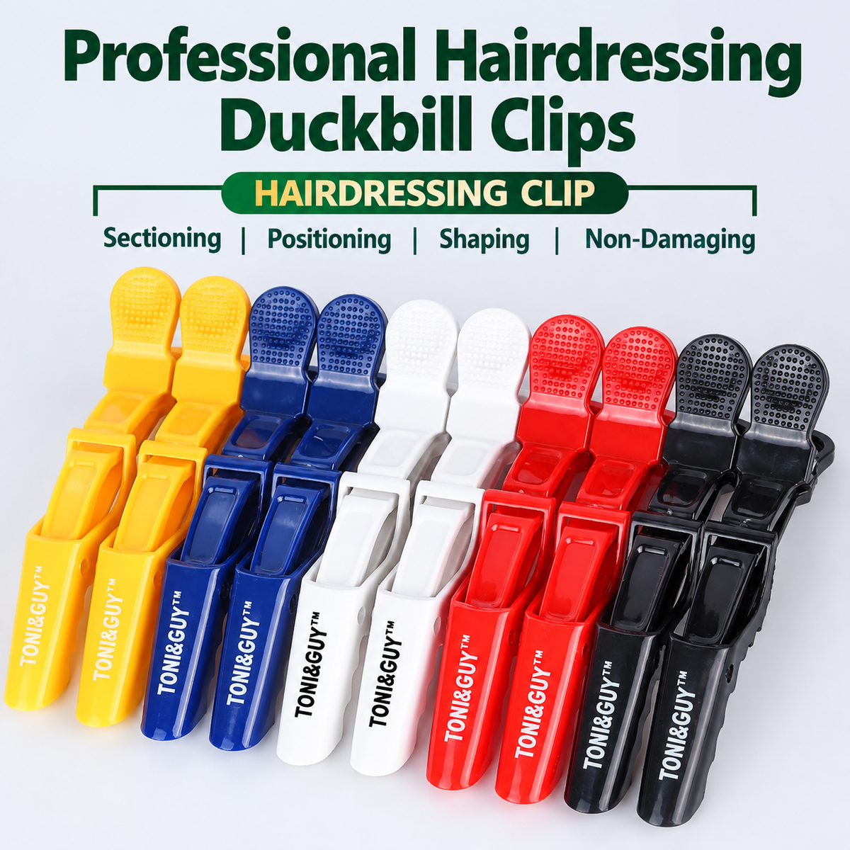 Assorted duckbill hair sectioning clips arranged by color in rows