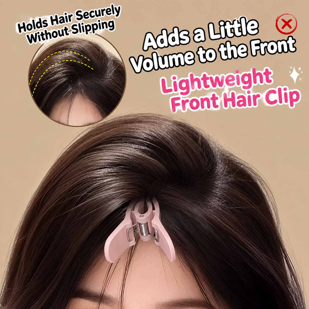 Pastel pink four-prong front hair clip holding hair at the front