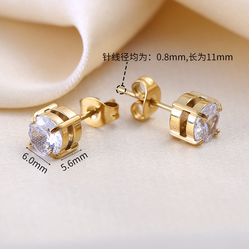 Luxury Double Layer CZ Stud Earrings – Stainless Steel Four-Prong Cubic Zirconia Earrings for Women, Elegant Jewelry Gift
