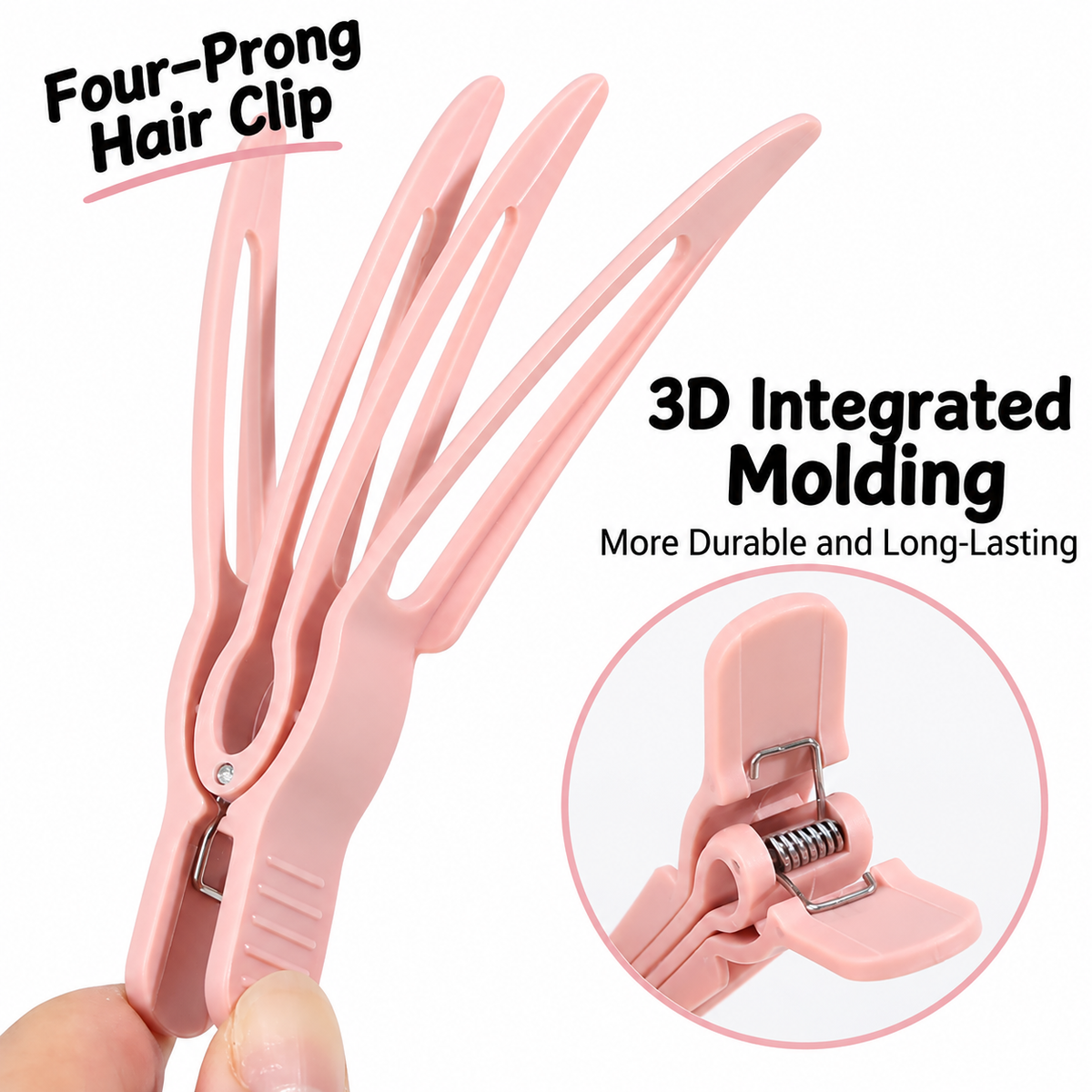 Pastel pink four-prong hair sectioning clip, close-up of prongs and hinge