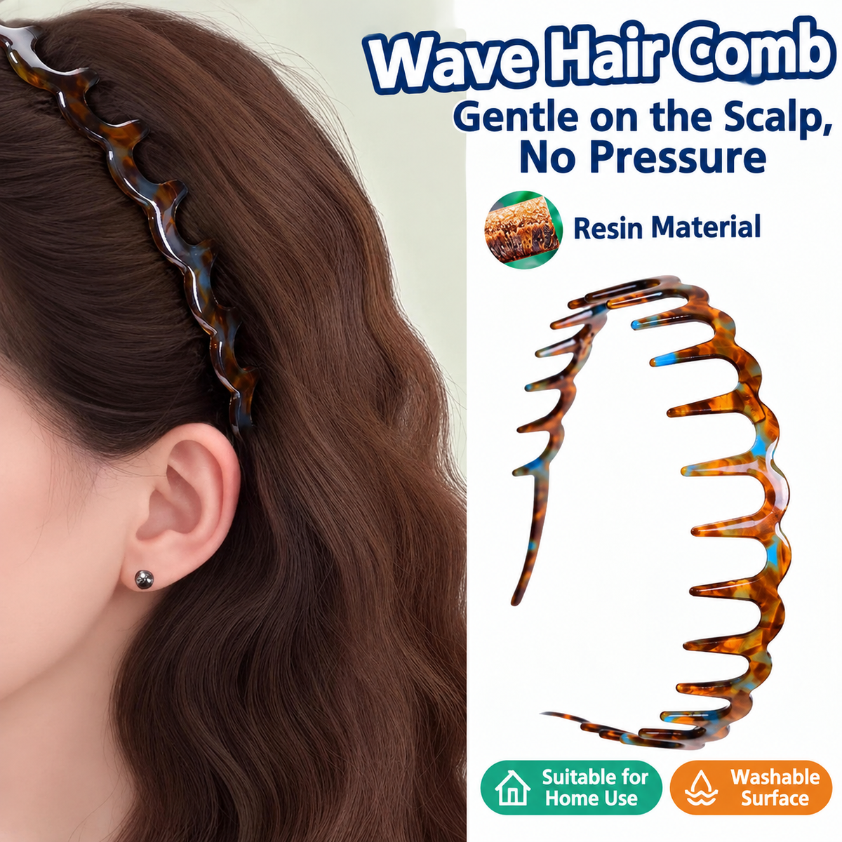 Amber tortoiseshell wave hair comb headband with wave-shaped teeth for gentle styling