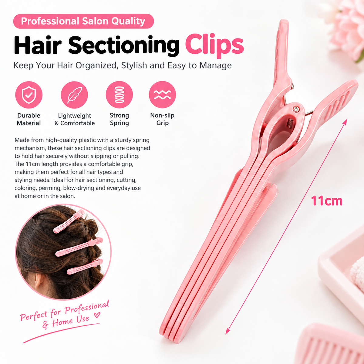 Pastel pink 11cm long duckbill hair sectioning clip with four prongs