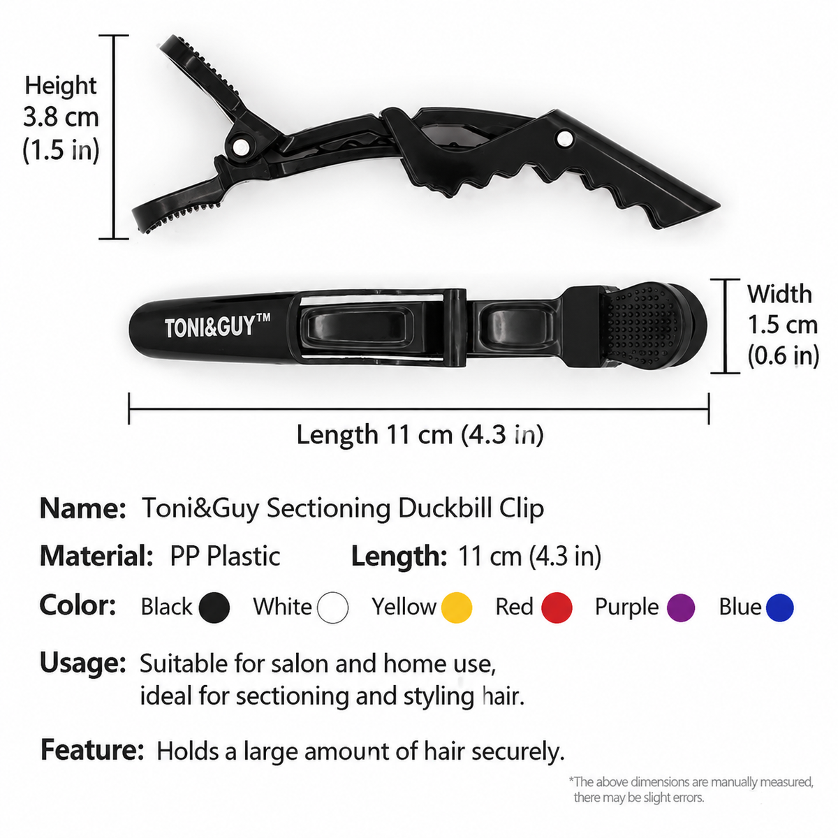 Black duckbill hair sectioning clip with size callouts for length and width