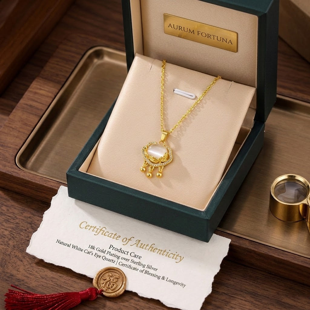 Gold-tone halo charm necklace with round white stone and three-bead drop details