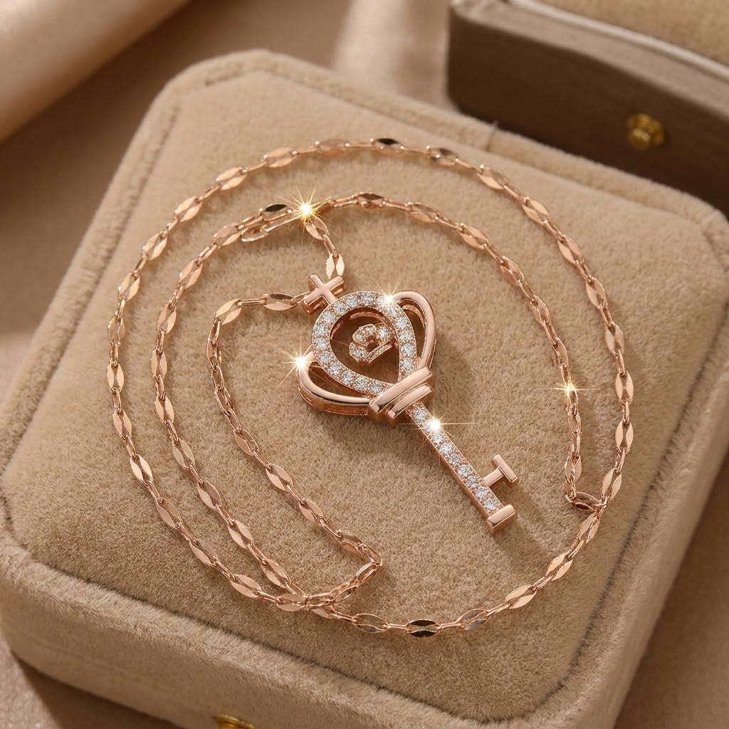 Rose gold heart crown key charm necklace with crystal-like heart ring pendant