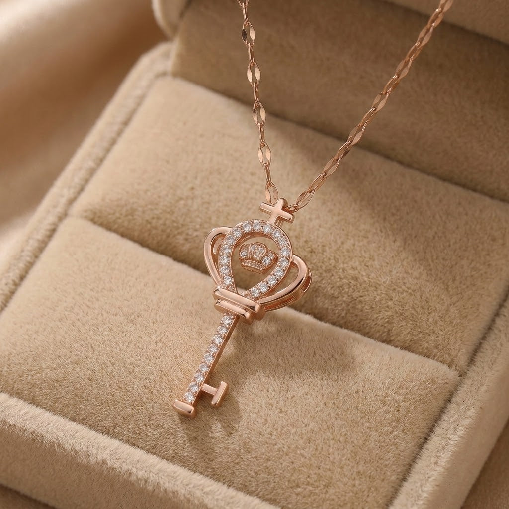 Rose gold crown heart key charm necklace with heart halo and cross key detail