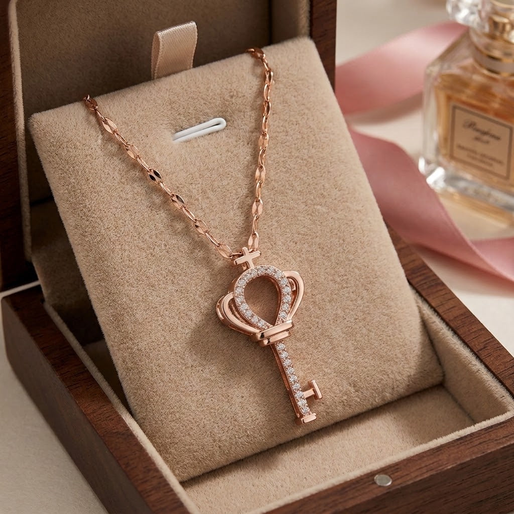 Rose gold crown heart key charm necklace with heart pendant and sparkling key