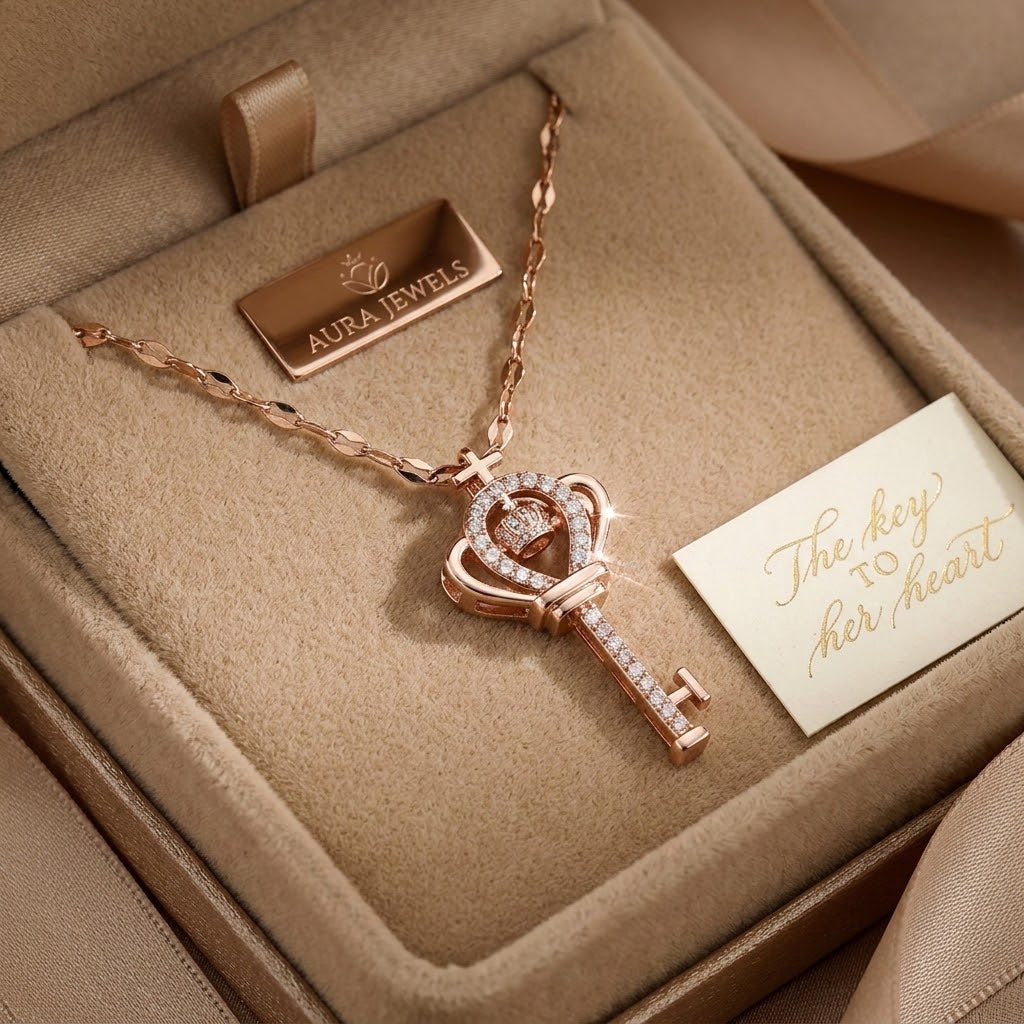 Rose gold heart crown key charm necklace with heart halo and cross key pendant