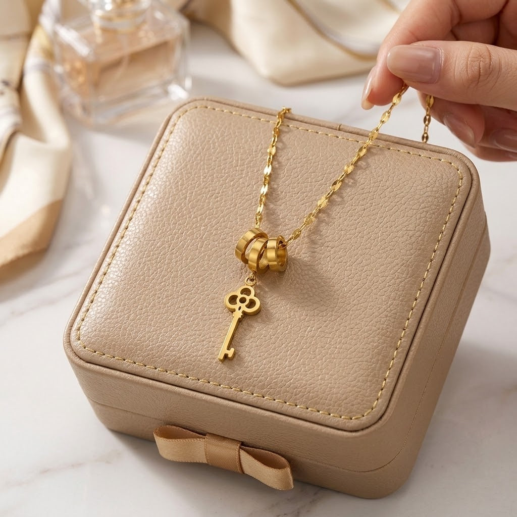Gold key charm necklace with triple-ring clasp and clover key pendant, held up